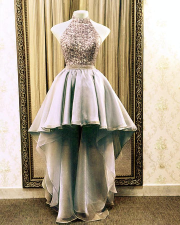 High Low Sequin Organza Prom Dresses Halter Backless Formal Evening Party Gown Dress HZ1023